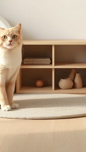 Cream-coloured cat standing beside a wooden shelving unit